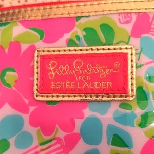 Lilly Pulitzer/Estee Lauder Pink, Gold, Blue and Green PVC Makeup Bag, 5" x 9"